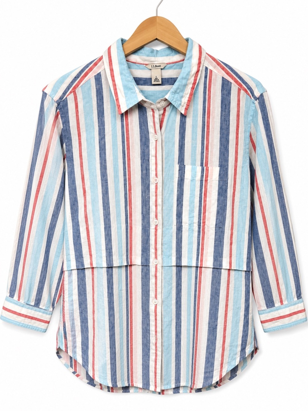 LL Bean Women L Linen Striped Button Down Shirt Blue Red 507357 Coastal